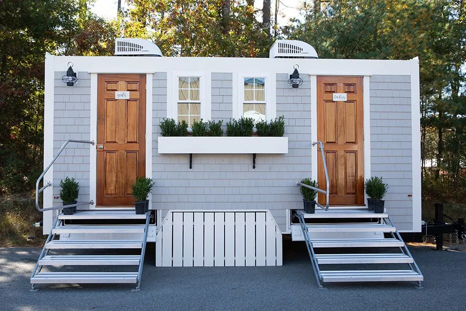 Wedding restroom units discretely staged at a venue in Fairfield, California